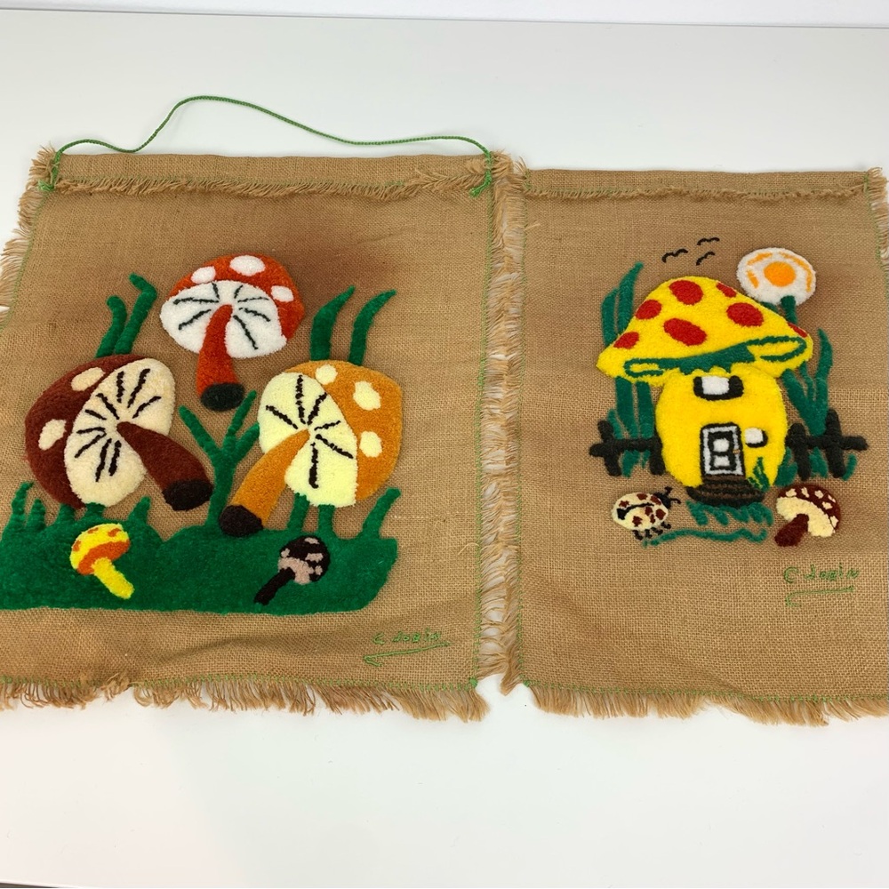 Pair Mushroom Wall Decor Fabric Signed C. Jobin Vtg Multicolor Handmade Read